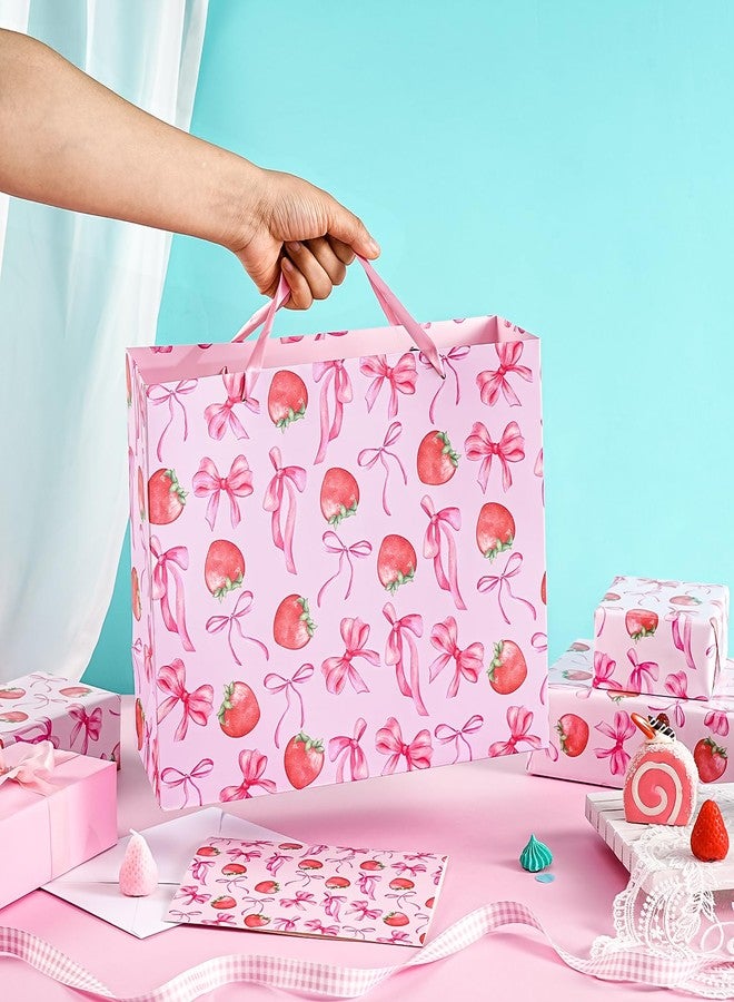 WRAPAHOLIC 13" Large Strawberry Bow Gift Bag with Card and Tissue Paper - Pink Bow and Sweet Strawberry Gift Bag for Women Girls Birthday, Baby Shower, Wedding, Bridal Shower - Image 5